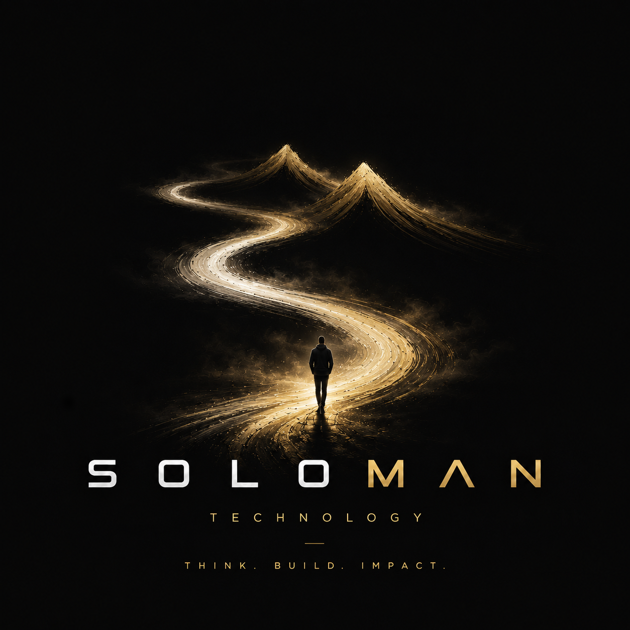 A lone figure stands at the start of a luminous winding path leading through darkness toward distant mountains — the SoloMan journey of beginning alone to find the right ecosystem.